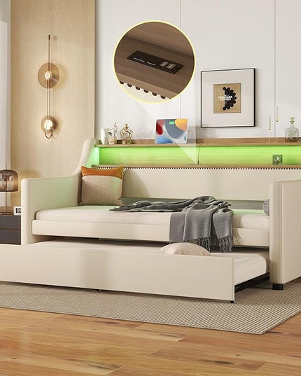 Twin Size Daybed with Trundle, Upholstered Day Bed Frame with Charging Station and LED Lights, PU Leather Sofa Beds w/Headboard & Wood Slat Support for Bedroom, Living Room, Beige - LeafyLoom