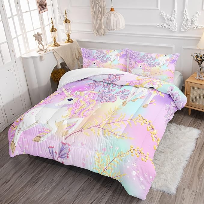 CVHOUSE Rainbow Unicorn Bedding Full Size,Rainbow Unicorn Bedding Set for Girls Kids Teens,Rainbow Unicorn Comforter Set Unicorn Duvet Set Unicorn Quilt Set Girls Room Decor 3 Pieces - LeafyLoom