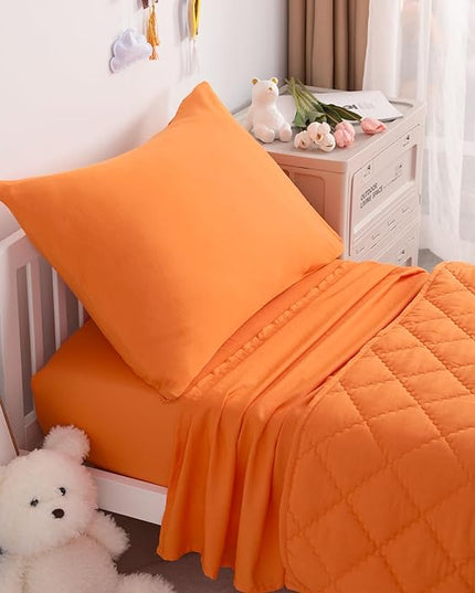 NTBAY Toddler Bedding Set - 4 Piece Soft and Breathable Crib Bedding Set for Boys and Girls, Includes Quilted Comforter, Fitted Sheet, Flat Top Sheet and Envelope Pillowcase, Orange - LeafyLoom
