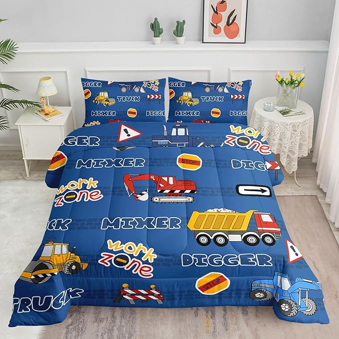 Datura home Kids Comforter Set Butterfly Printed Pattern Bedding Set with 1 Comforter and 2 Pillowcases for Girls Boys Bedroom All Season(Truck Full) - LeafyLoom