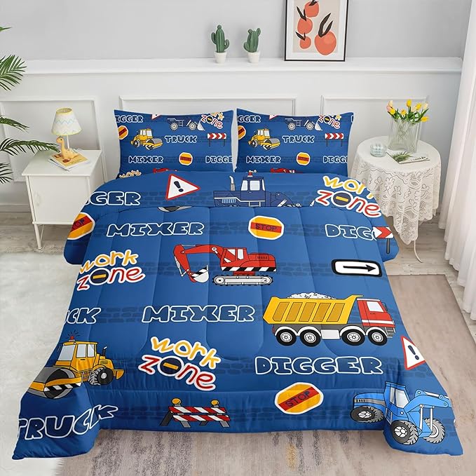 Datura home Kids Comforter Set Butterfly Printed Pattern Bedding Set with 1 Comforter and 2 Pillowcases for Girls Boys Bedroom All Season(Truck Twin) - LeafyLoom