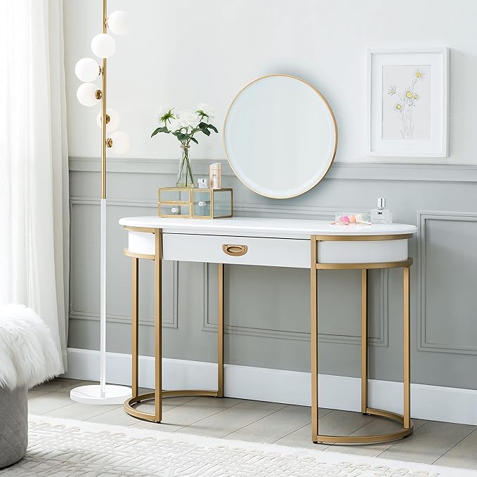 Leick Home 85405 Home Office Computer Desk with Dropfront Keyboard Drawer, Furniture, Cottage White/Gold - LeafyLoom