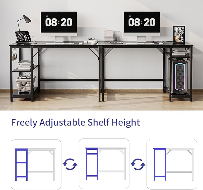 Computer Desk, 48 inches desk with 2 Shelves, Home Office Desk with USB/Type-C Charging Ports & Power Outlets, Study Table for Adults, Black - LeafyLoom
