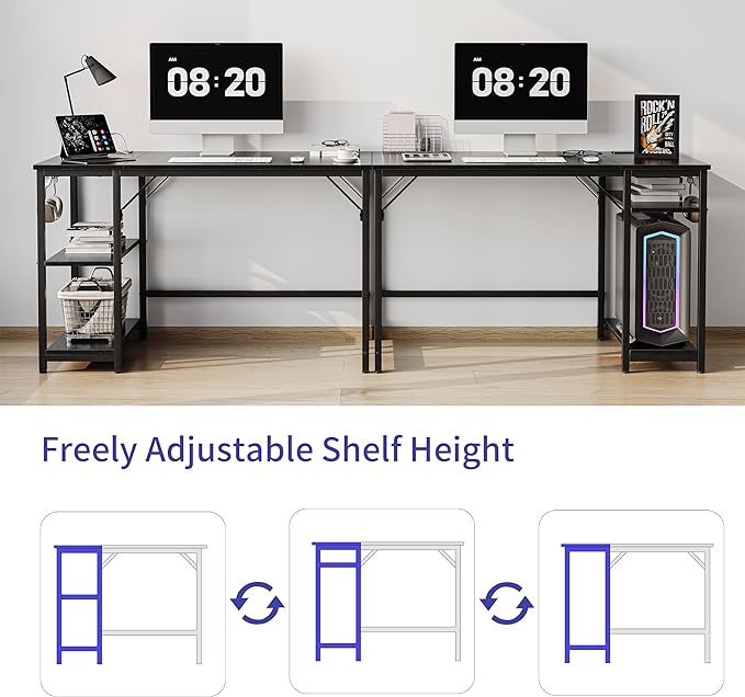 Computer Desk, 55 inches desk with 2 Shelves, Home Office Desk with USB/Type-C Charging Ports & Power Outlets, Study Table for Adults, Black - LeafyLoom