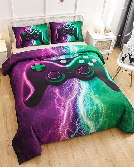 Meeting Story Gamer Comforter Sets for Boys Queen Size Tie Dye Lightnings Gamepad Bedding Set Games Console Action Buttons Novelty Colorful Modern Room Decor Home Quilt Set (Queen, Green-Purple) - LeafyLoom