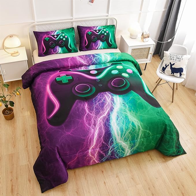 Meeting Story Gamer Comforter Sets for Boys Queen Size Tie Dye Lightnings Gamepad Bedding Set Games Console Action Buttons Novelty Colorful Modern Room Decor Home Quilt Set (Queen, Green-Purple) - LeafyLoom