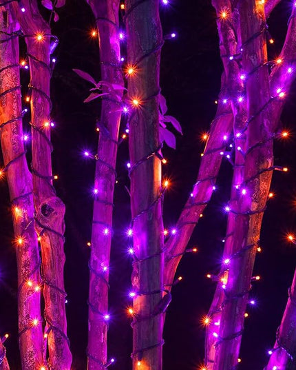 Dazzle Bright 2 Pack Total 400LED 132FT Halloween Solar String Outdoor Lights, 8 Modes Waterproof Halloween Lights for Bedroom Patio Garden Tree Party Yard Decoration (Purple & Orange) DazzleBright