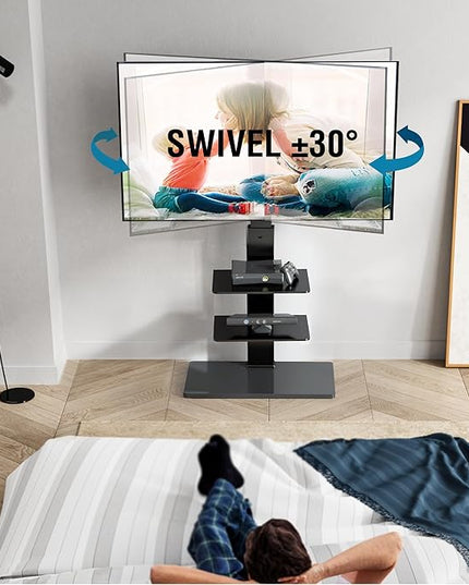 FITUEYES Swivel Floor TV Stand with Mount for TVs 37 43 50 55 60 65 70 75 Inch LCD LED Flat/Curved Screens Universal Swivel Televisions TV Mount Stand for Bedroom Living Room Black Tempered Glass Base - LeafyLoom