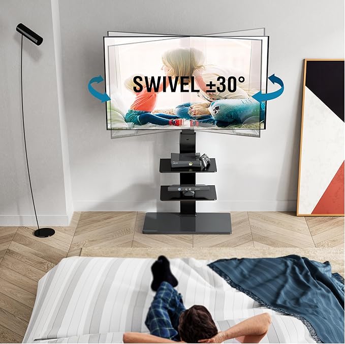 FITUEYES Swivel Floor TV Stand with Mount for TVs 37 43 50 55 60 65 70 75 Inch LCD LED Flat/Curved Screens Universal Swivel Televisions TV Mount Stand for Bedroom Living Room Black Tempered Glass Base - LeafyLoom