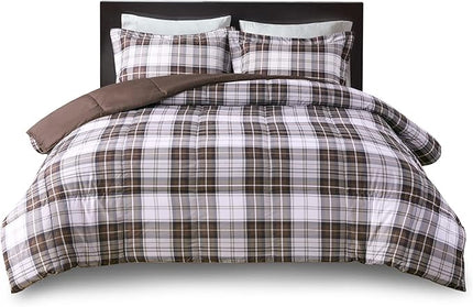 Madison Park Essentials Parkston Plaid Comforter, Matching Sham, 3M Scotchguard Stain Release Cover, Hypoallergenic All Season Bedding-Set, Twin/ Twin XL, Brown, 2 Piece - LeafyLoom