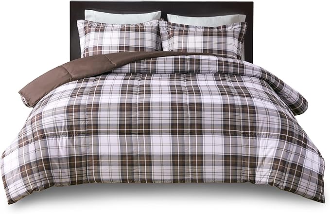 Madison Park Essentials Parkston Plaid Comforter, Matching Sham, 3M Scotchguard Stain Release Cover, Hypoallergenic All Season Bedding-Set, Twin/ Twin XL, Brown, 2 Piece - LeafyLoom