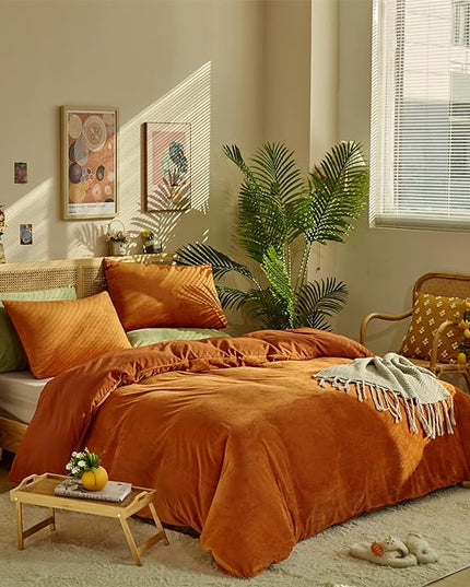Wellboo Rust Caramel Fluffy Comforters Full Women Burnt Orange Velvet Bedding Comforter Sets Cotton Modern Solid Terracotta Flannel Quilts Girls Plain Reddish Plush Aesthetic Bed Quilts Shaggy Fur Bed - LeafyLoom
