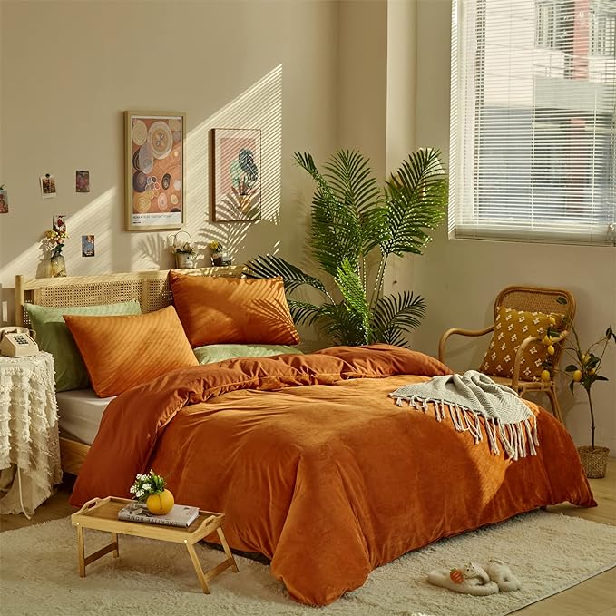 Wellboo Rust Caramel Fluffy Comforters Full Women Burnt Orange Velvet Bedding Comforter Sets Cotton Modern Solid Terracotta Flannel Quilts Girls Plain Reddish Plush Aesthetic Bed Quilts Shaggy Fur Bed - LeafyLoom