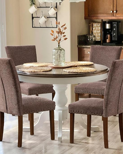 COLAMY Upholstered Parsons Dining Chairs Set of 4, Fabric Dining Room Kitchen Side Chair with Nailhead Trim and Wood Legs - Brown - LeafyLoom