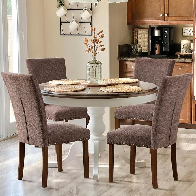 COLAMY Upholstered Parsons Dining Chairs Set of 4, Fabric Dining Room Kitchen Side Chair with Nailhead Trim and Wood Legs - Brown - LeafyLoom