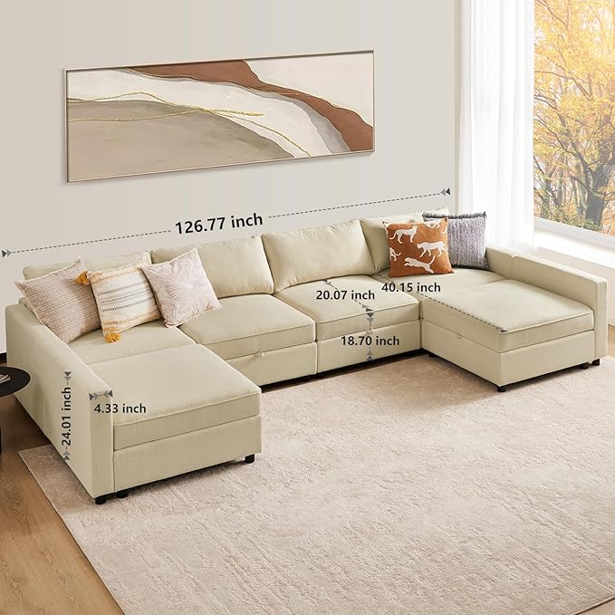 Sweetcrispy Convertible Sectional Sofa Couch, 6 Seat 8 Back Sofa Set with Storage for Living Room, L-Shaped Modern Modular Sofa Sleeper with Ottoman, Comfy Sofa Couch with Extra Deep Seats, Beige - LeafyLoom