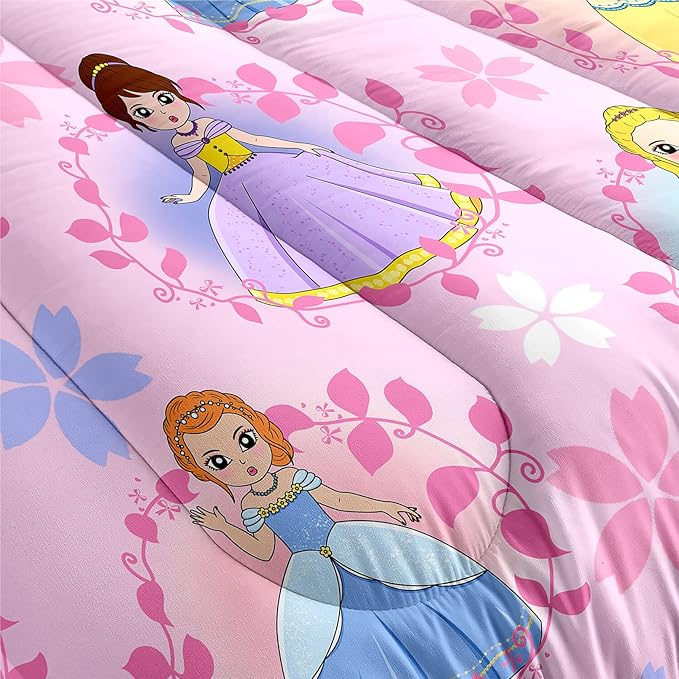 Princess Comforter Sets Twin for Girls, Cute Princess Bedding Comforter Sets, Pink Twin Size Comforter Set for Girls Kids Twin Bedding Set with 1 Pillowcase - LeafyLoom