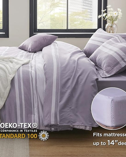 Bedsure Bed in a Bag California King Size 7 Pieces, Purple White Striped Bedding Comforter Sets All Season Bed Set, 2 Pillow Shams, Flat Sheet, Fitted Sheet and 2 Pillowcases - LeafyLoom