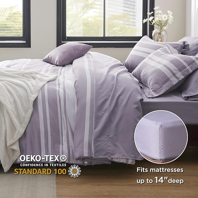 Bedsure Bed in a Bag Twin Size 5 Pieces, Purple White Striped Bedding Comforter Sets All Season Bed Set with 1 Pillow Sham, Flat Sheet, Fitted Sheet and 1 Pillowcase - LeafyLoom