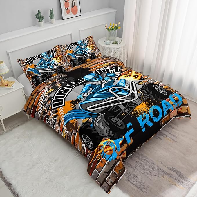 Axolotl Quad Bike Bedding Set Twin,Dirt Bike Comforter Set,Extreme Sports Bedding Set,Sports Theme Comforter Set,Tractor Truck Bedding,Motorcycle Comforter for Kids Boys Teens,1 Quilt 2 Pillowcases - LeafyLoom