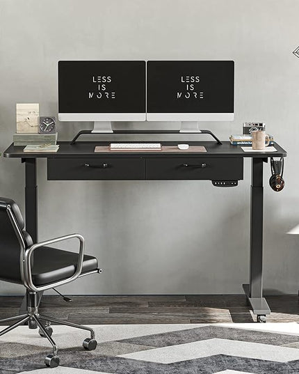 BANTI 55'' Adjustable Height Electric Standing Desk with Double Drawer, Computer Workstation Stand Up Home Office Desk with Splice Tabletop, Black Frame/Black Top - LeafyLoom