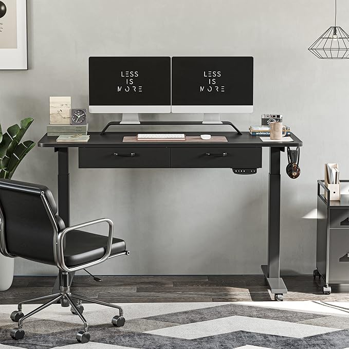 BANTI 55'' Adjustable Height Electric Standing Desk with Double Drawer, Computer Workstation Stand Up Home Office Desk with Splice Tabletop, Black Frame/Black Top - LeafyLoom