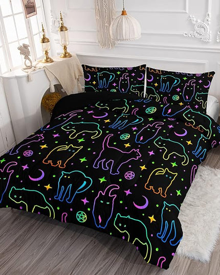 Black Cat Bedding Cartoon Cat Comforter Set Queen,Moon Stars Printed Kids Bedding Set for Boys Girls Adults Room Decor,Kids Comforter Set All Season,1 Quilt 2 Pillow Cases,Neon Color Purple Blue Green - LeafyLoom