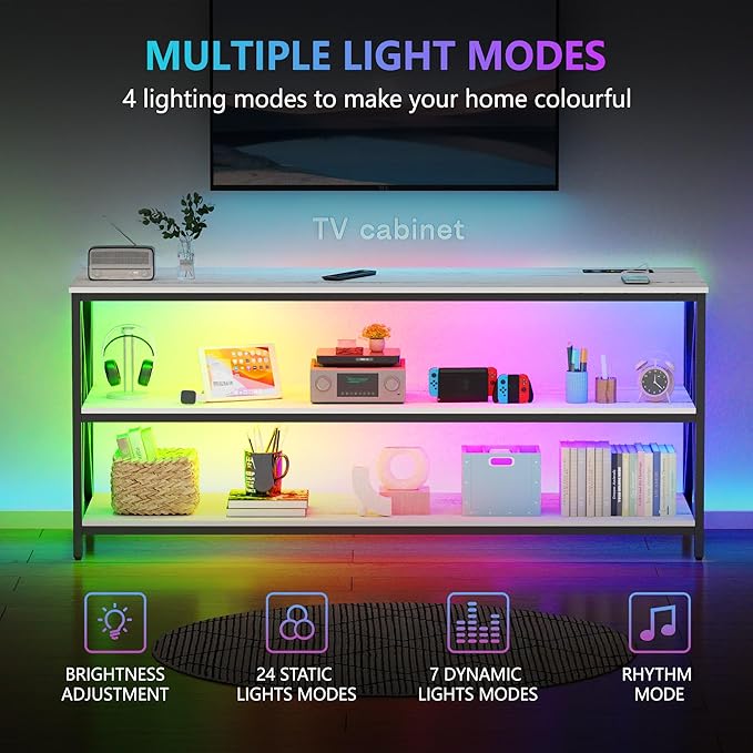 Lvifur LED TV Stand up to 70''Televisions, Farmhouse TV Console Table with RGB 24 Colors Dimmable, Industrial Entertainment Center with Human Body Sensor for Living Room Bedroom - LeafyLoom