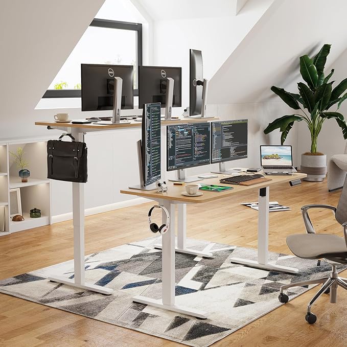 STARY Electric Memory Preset 55 x 24 Inches Adjustable Height Computer Workstation Sit Stand Home Office Desk with Splice Board, 5524, Castin Oak Desktop/White Frame - LeafyLoom