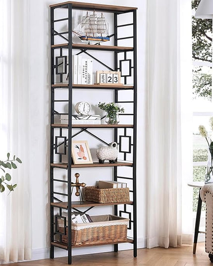 HOMISSUE Tall Bookshelf, Industrial 7-Tier Bookshelf with Unique Design, Open Bookshelves and Bookcases, Freestanding Book Shelf Bookcase for Living Room, Home Office and Bedroom, Rustic Brown - LeafyLoom