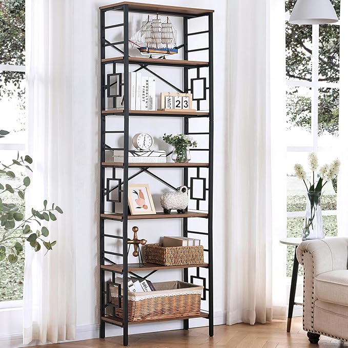 HOMISSUE Tall Bookshelf, Industrial 7-Tier Bookshelf with Unique Design, Open Bookshelves and Bookcases, Freestanding Book Shelf Bookcase for Living Room, Home Office and Bedroom, Rustic Brown - LeafyLoom