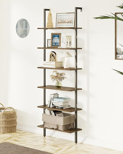 Ladder Shelf Black 6 Tiers Modern Bookshelf Room Organizer Open Tall Wall Mount Bookcase Standing Leaning Wall Shelves Industrial Decorative Living Room Bed Room - LeafyLoom