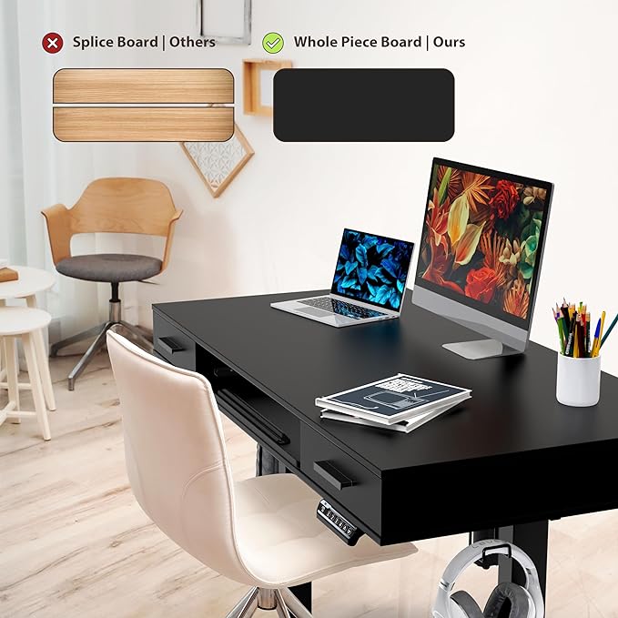 SHW 48-Inch Electric Height Adjustable Desk with Keyboard Tray and Two Drawers, Black - LeafyLoom