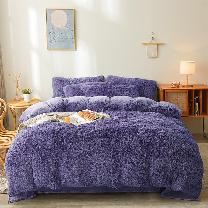 Fluffy navy blue comforters Cover twin size - Ultra Soft Plush dark blue bedding Sets 2 Pieces (1 faux fur comforter Cover + 1 fuzzy pillow case) girls shaggy navy blue twin bed set (Dark Blue, Twin) - LeafyLoom