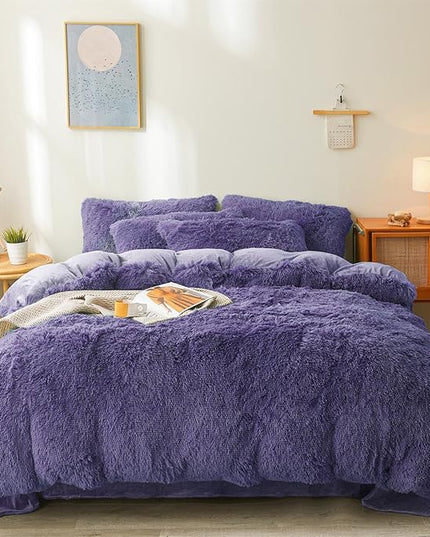 FOPPA Dark Blue fluffy Comforter Cover Set king- Ultra Soft fluffy navy blue Bedding Sets 3 Pieces (1 Duvet Cover + 2 Pillow case) navy blue fluffy bed set (Dark Blue, King) - LeafyLoom