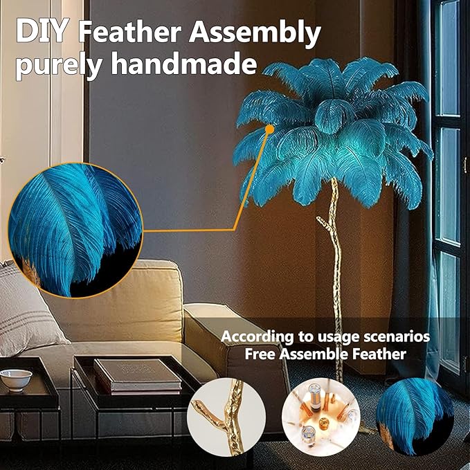 Ostrich Feather Floor Lamp, Modern LED Dimmable Standing Lamp, Romantic Princess Bedroom Reading Lamp, Tall Corner Lamp for Living Room, Dining Room and Office (Dark Green) - LeafyLoom
