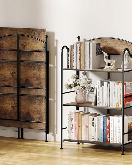 Folding Bookshelf No Assembly, 3 Shelf Black Folding Bookcase,Industrial Small Metal Corner Display Book Shelf with Storage Shelves for Bedroom,Living Room, Home Office Organization - LeafyLoom