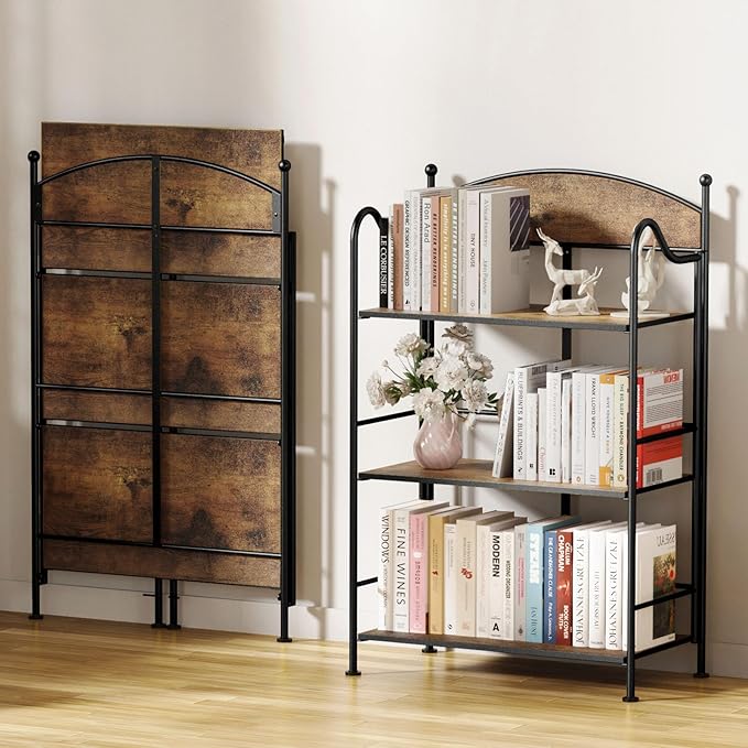 Folding Bookshelf No Assembly, 3 Shelf Black Folding Bookcase,Industrial Small Metal Corner Display Book Shelf with Storage Shelves for Bedroom,Living Room, Home Office Organization - LeafyLoom