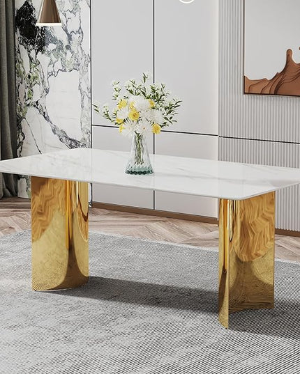NicBex Modern Minimalist Dining Table The White Imitation Marble Glass Desktop is Equipped with Golden Metal Legs Suitable for Restaurants and Living Rooms, White - LeafyLoom