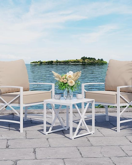 Shintenchi 3 Piece White Metal Outdoor Furniture Sectional Set, Modern Outdoor Metal Chair Conversation Furniture Set with Coffee Table for Patio,Backyard,Balcony (Khaki) - LeafyLoom