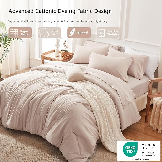 UNILIBRA 7 Pieces Bed in a Bag Full Size Comforter Sets, Taupe Full Bed Set Soft for All Seasons - Cationic Dyeing Bedding Set with Comforter, Flat Sheet, Fitted Sheet, Pillowcases & Shams - LeafyLoom