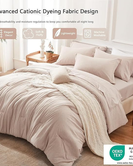 UNILIBRA Bed in a Bag King Size 7 Pieces - Taupe King Comforter Set Soft for All Seasons - Cationic Dyeing Bedding Comforter Sets with Comforter, Flat Sheet, Fitted Sheet, Pillowcases & Shams - LeafyLoom