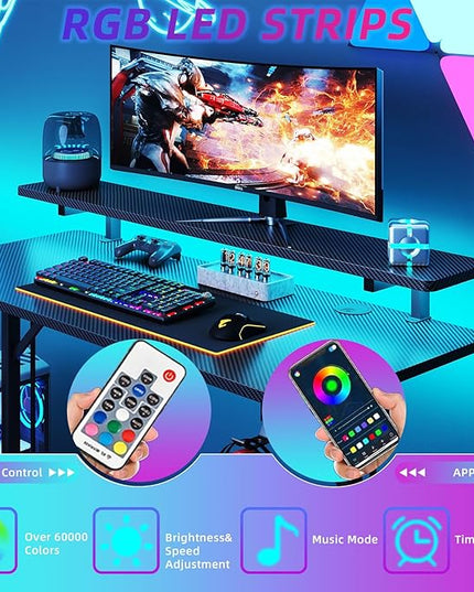Flrrtenv Small Gaming Desk with LED Lights, 39 Inch Computer Gamer Desk with Monitor Stand, Ergonomic Carbon Fiber Surface Gaming Table with Remote Control for Home Office, RGB - LeafyLoom