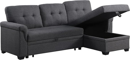 84 inch L-Shape Sectional Sleeper Couches with Chaise Storage and Pull, 3 Seater Sofa Bed w/Tufted Linen Backrest for Living Spaces Apartment Dorm, Gray, Dark Grey - LeafyLoom