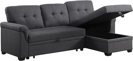 L-Shape Sectional Sleeper Couches with Chaise Storage and Pull, 84 inch 3 Seater Sofa Bed w/Tufted Linen Backrest for Living Spaces Apartment Dorm, Gray, 84inch, Dark Grey-4 - LeafyLoom