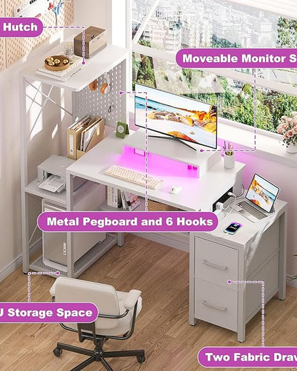 Small Gaming Desk with 2 Fabric Drawers - Reversible Computer Desk with Power Outlet & LED Lights, 49" Office Desk with Monitor Stand & Storage Shelves, Writing Study Table with Pegboard, White - LeafyLoom