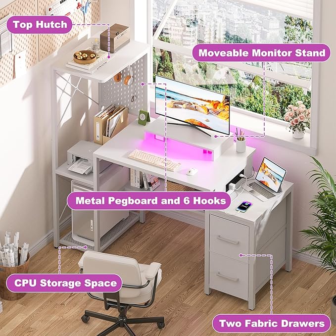Small Gaming Desk with 2 Fabric Drawers - Reversible Computer Desk with Power Outlet & LED Lights, 49" Office Desk with Monitor Stand & Storage Shelves, Writing Study Table with Pegboard, White - LeafyLoom