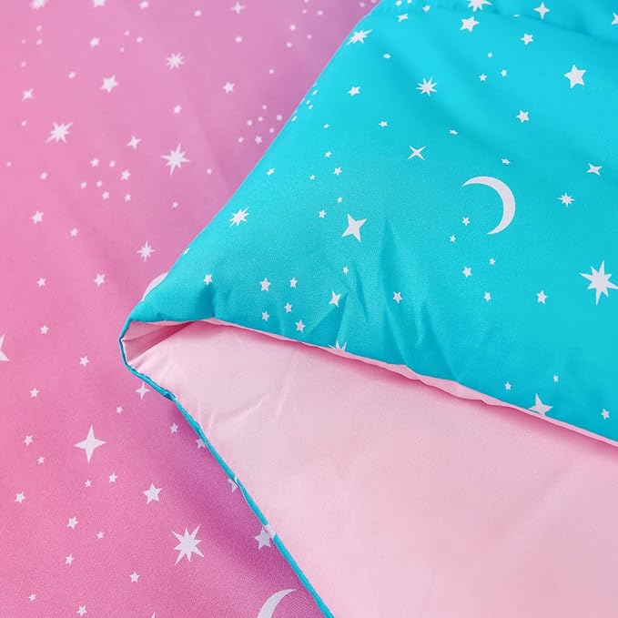 URBONUR 6 Pieces Twin Comforter Set for Girls Moon Star Printed Bedding Set on Gradient Pink Purple Blue, Soft Microfiber All Season Bed Sets for Kids Teen (Twin Size, 6PCS) - LeafyLoom