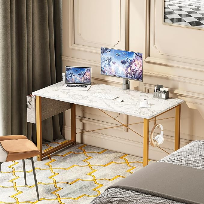 ODK Computer Desk Large Office Desk, 48 Inch Writing Desk with Storage, Modern PC Desk Work Table with Headphone Hook for Home Office, White Marble + Gold Leg - LeafyLoom