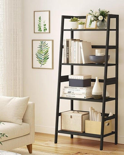 4-Tier Bamboo Bookshelf Ladder Shelf Book Shelf Bookcase Freestanding Storage Rack Plant Stand for Bedroom, Living Room, Bathroom, Small Space, Color Black - LeafyLoom